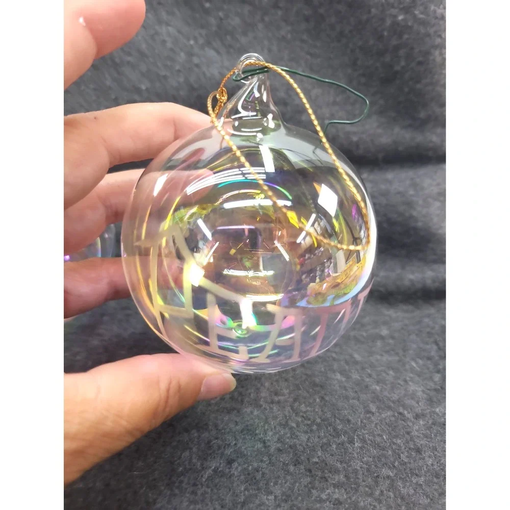 2 Clear Hand Blown Glass Christmas Ornaments Iridescent Etched Joy Peace